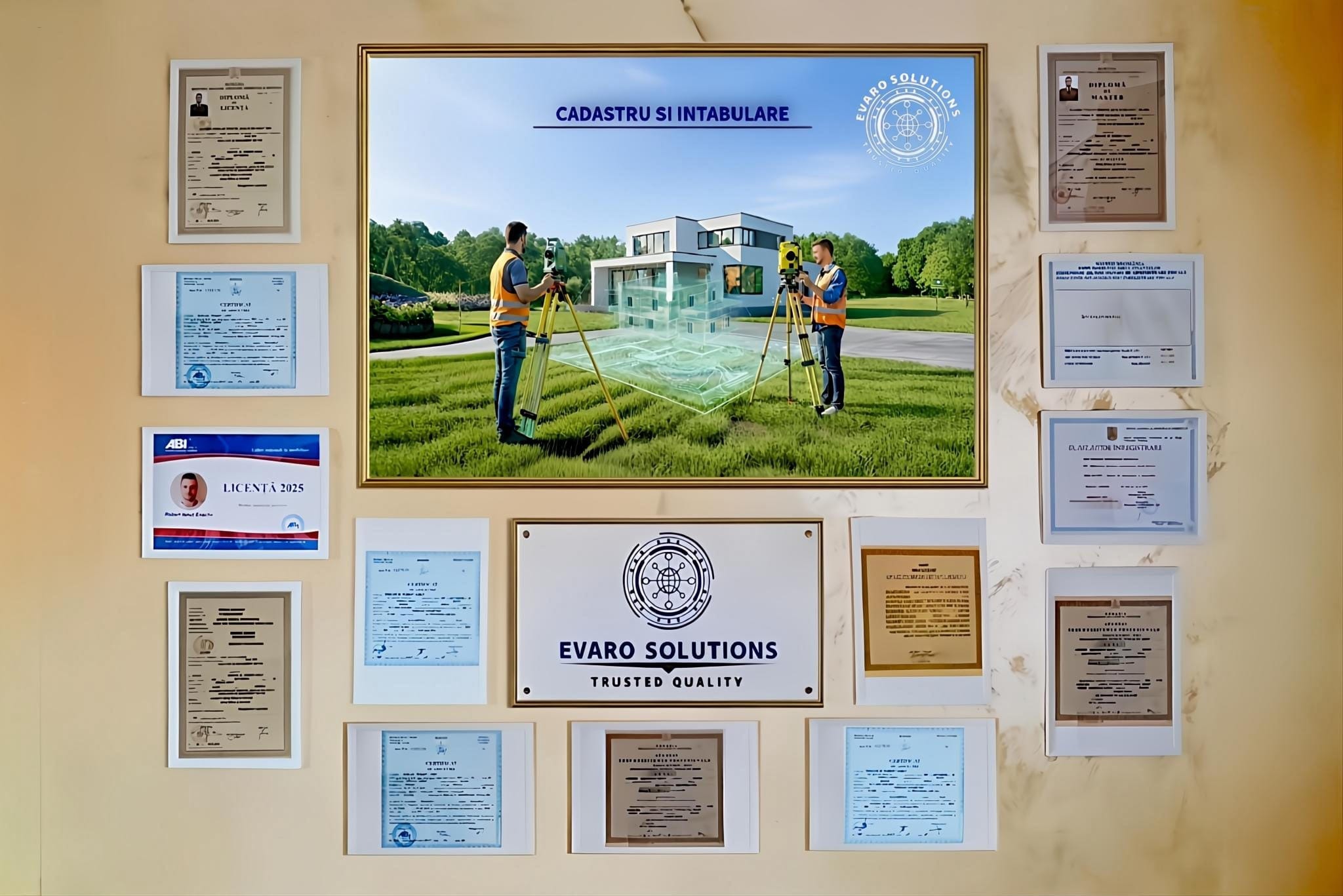 Perete cu documente, autorizații și identitatea vizuală EVARO Solutions pentru servicii de cadastru și intabulare